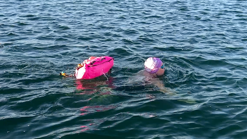 A woman wearing goggles and a purple swimming hat and pink toe float following behind swimming in the lake.