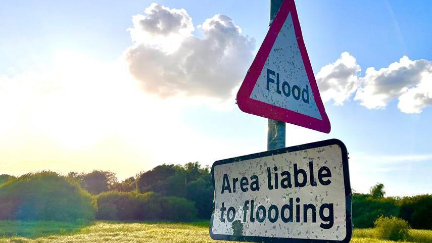 A bright sky over fields and hedges with two signs in the foreground. A triangular sign and a rectangular sign are stuck to a post. One reads "flood", the other says "area liable to flooding".