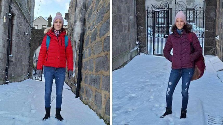 Henrietta and Eliza Huszti are photographed smiling and looking at camera, both standing in snow, wearing blue jeans, one wearing a red jacket, the other wearing a purple jacket, both wearing warm pink hats and with bags over shoulder.