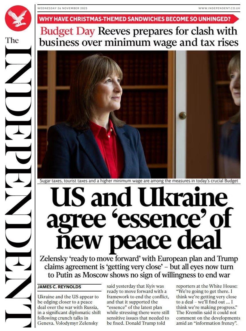 "US and Ukraine agree 'essence' of new peace deal," writes the Independent in its front page headline.
