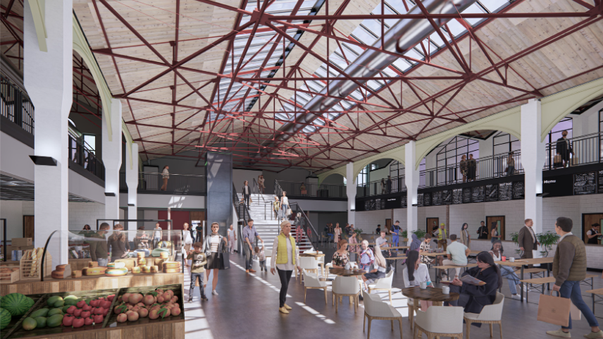 An artist's impression shows the market hall after its transformation, with a metal roof, white walls, and black first-floor balcony area.