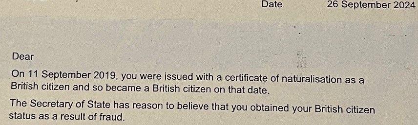 A section of the letter from the Home Office to Amika Brown saying they believe she obtained her British citizenship fraudulently.