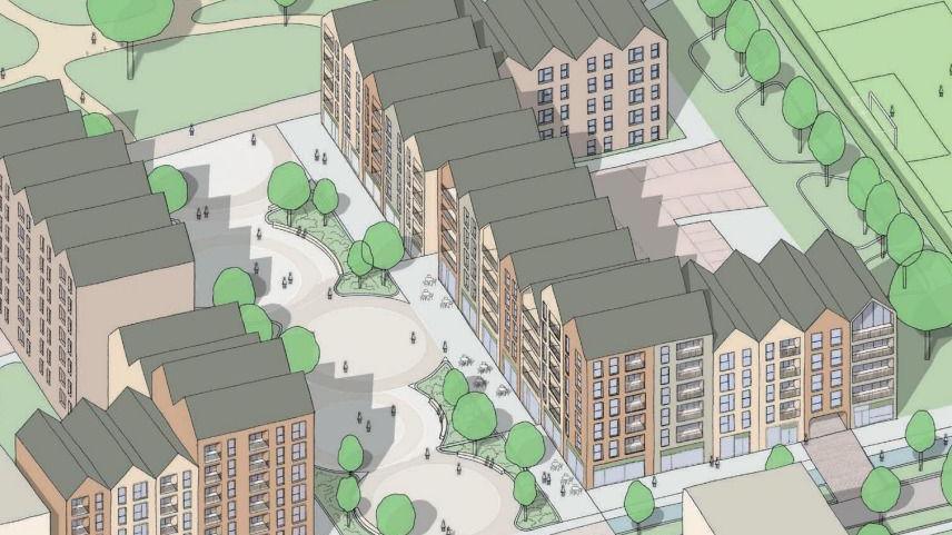An artists impression of Druids Heath regeneration. There are tall buildings made up of flats with lots of windows and balconies. Between them are round concrete walkways in the shape of circles. There are trees and green spaces all around it