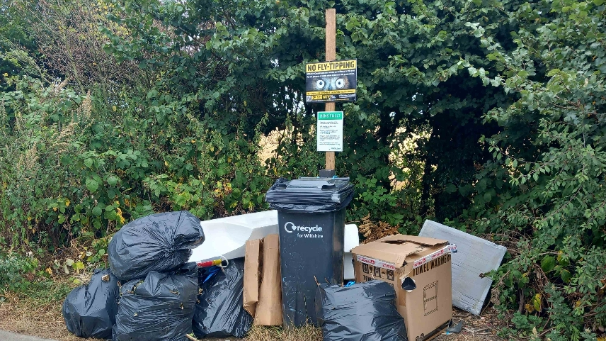 Image shows a black bin on the side of the road surrounded by 6 black bags, loose cardboard and a cardboard box. On a wooden pole behind the bin a sign reads 'NO FLY-TIPPING'. 