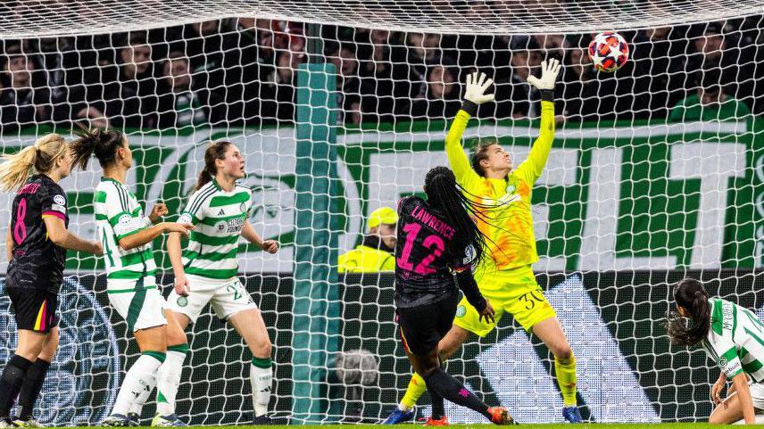 Ashley Lawrence crashes in the second goal for Chelsea at Celtic Park