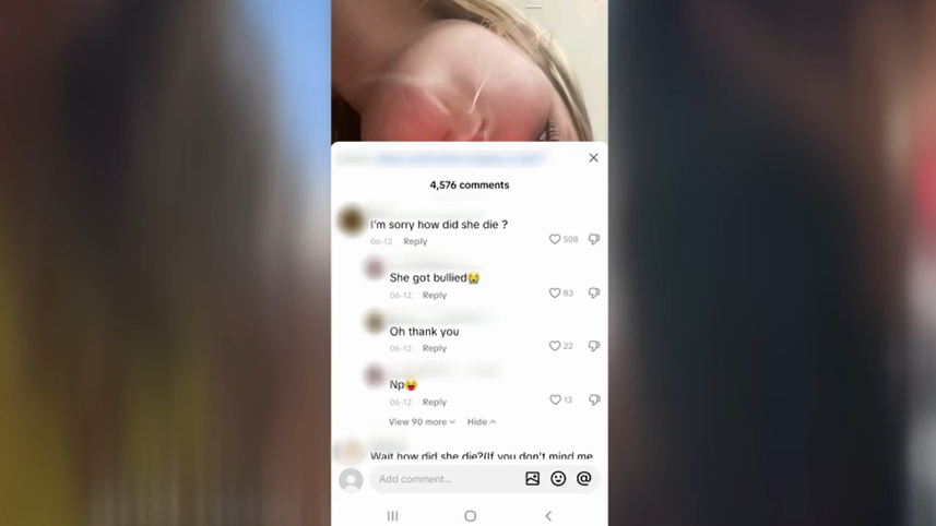 A screengrab of a TikTok video with the comments up. They say:
I'm sorry how did she die?
She got bullied
Oh thank you
Np
You can partially see a young blonde girl behind the comments.