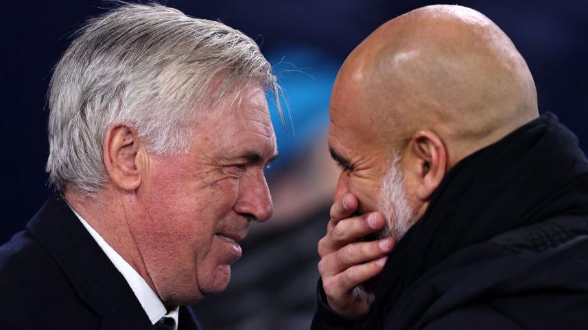 Carlo Ancelotti talking to Pep Guardiola