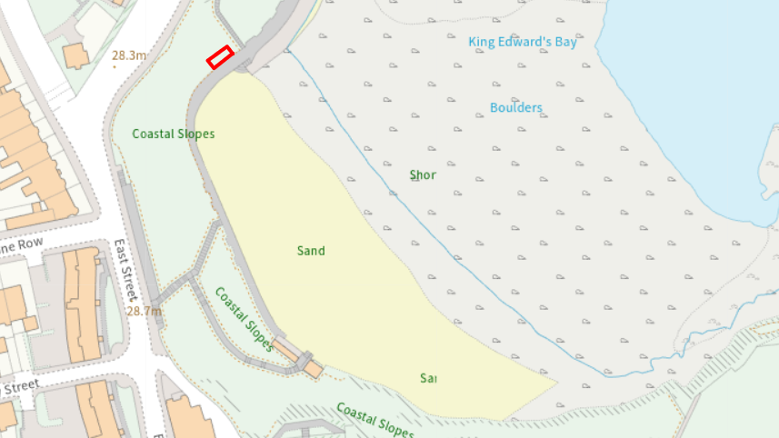 A map of King Edward's Bay indicating the sauna will sit to the left of the beach's sand.