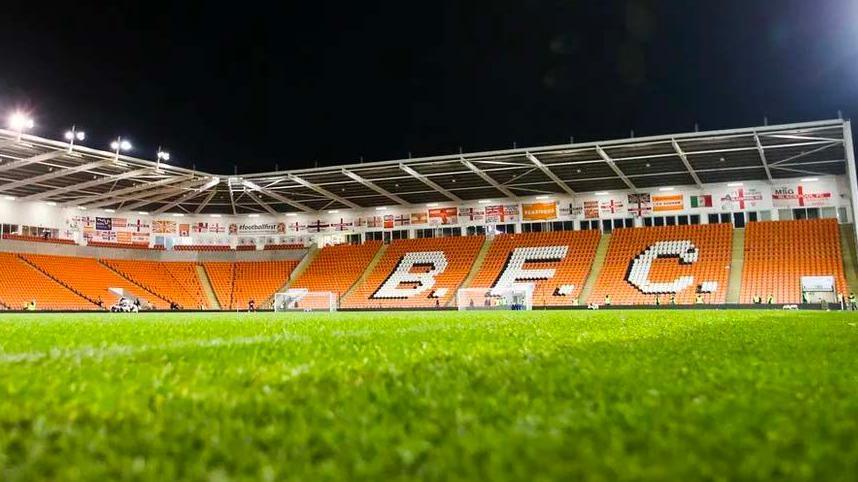 View of Blackpool FC stands from the pitch