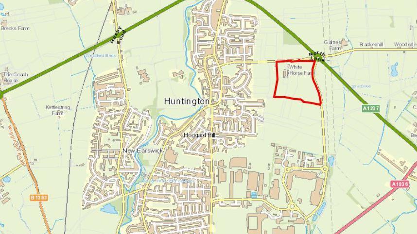 Map of the Huntington area, with a red box indicating the site of the new homes to the east, off the A1237.