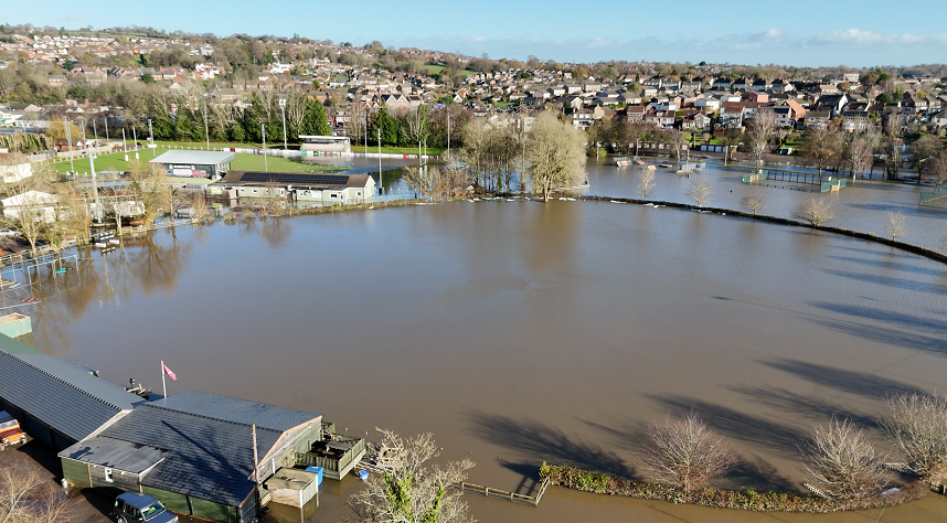 A football pitch submerged in flood water