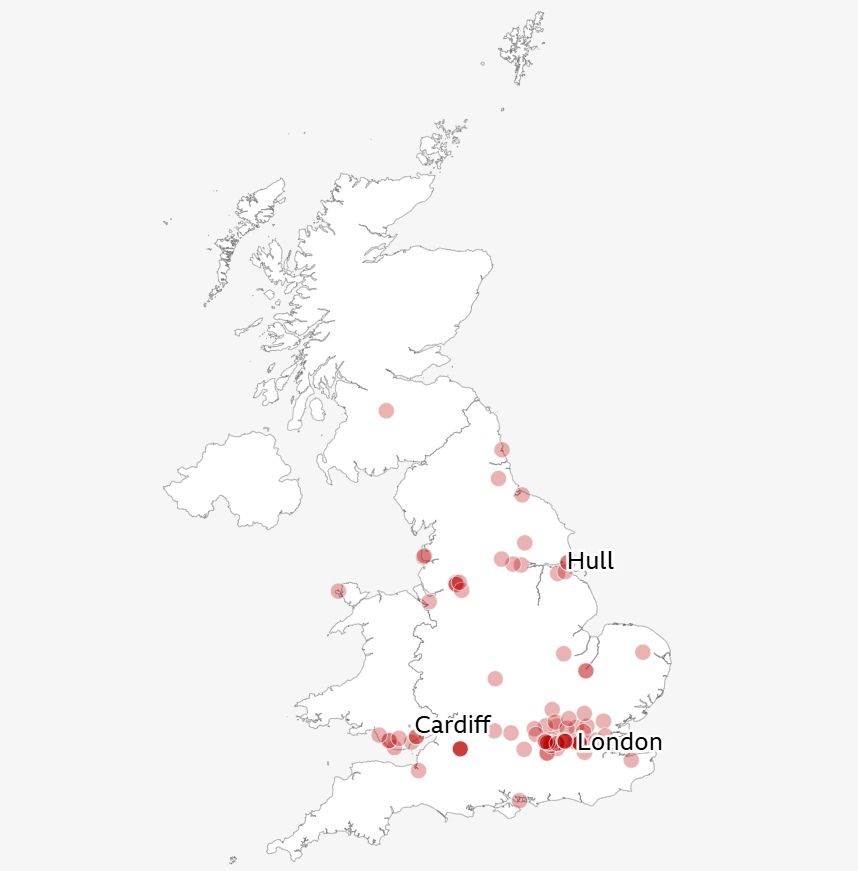 A graphic showing the different locations of data centres in the UK.