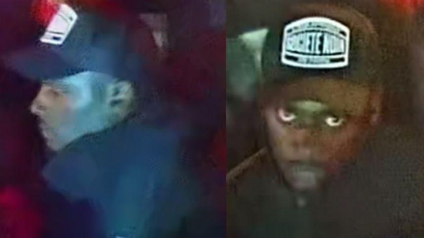 A man in a black coat and black baseball cap with a white logo on the front is pictured on CCTV. One image shows him looking to the side while a second image shows him looking directly at the camera. 