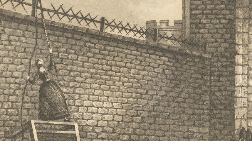 An image shows a woman breaking out of a prison. It is black and white or sepia and set probably in the late 18th Century. The woman is standing on a wooden pallet and throwing a rope over a high brick wall with metal spikes on the top