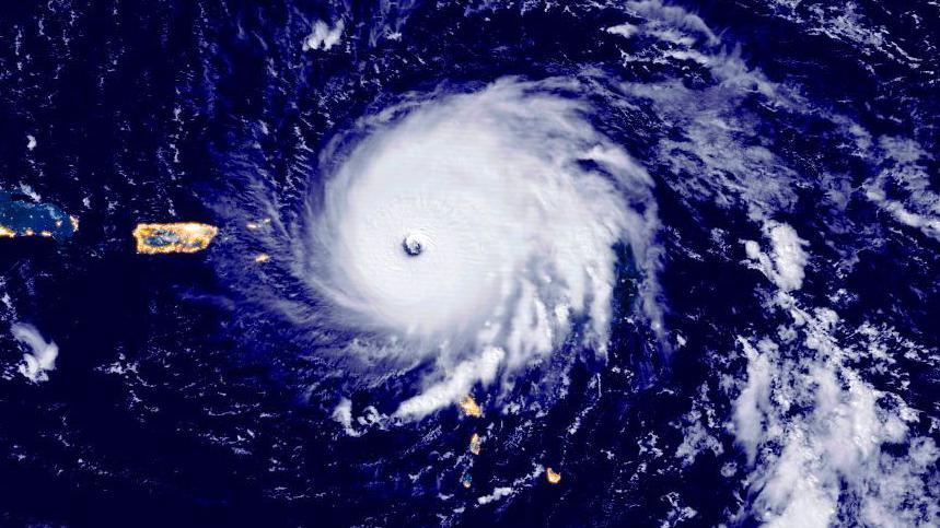 A satellite image of Hurricane Irma hitting the island of Barbuda in September 2017
