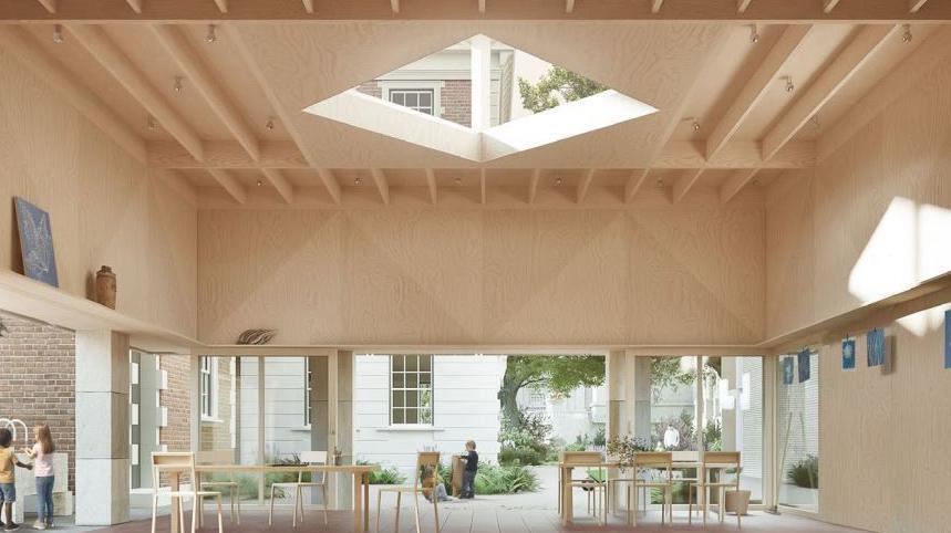 A computer generated image of a classroom building with a skylight in the ceiling.
