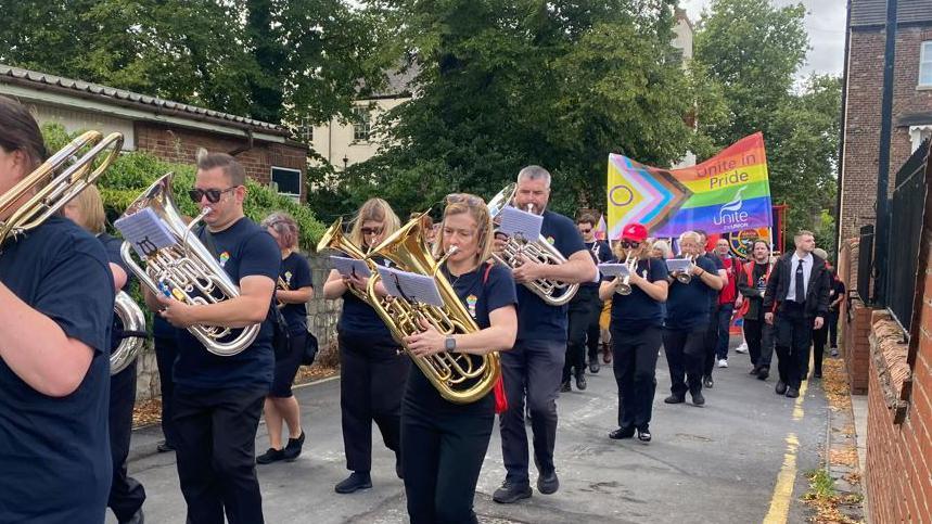 Marching brass band, Doncaster Pride 2024