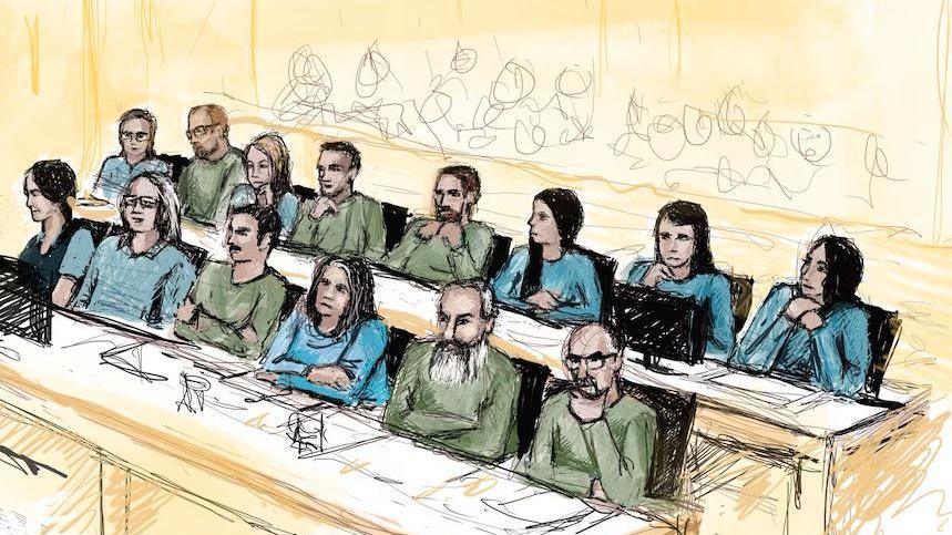 A court sketch of the fourteen religious group members who were on trial over Elizabeth Struhs's death