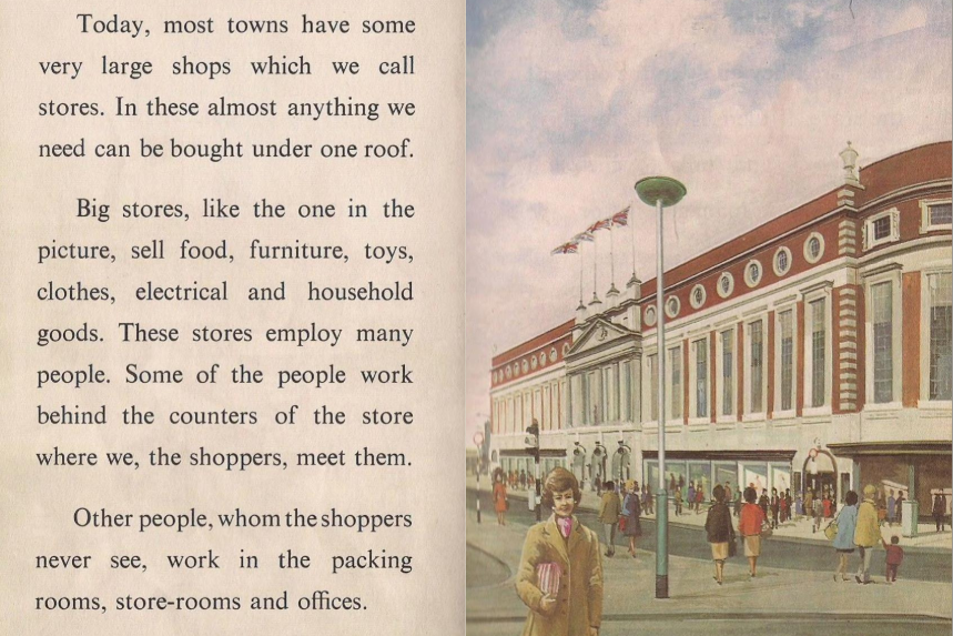 Ladybird book double page - one of text and the other an illustration. The illustration shows a large store with rows of windows. People are depicted on the street outside the shop, wearing 1970s fashion. A woman is shown looking at the reader, wearing a camel overcoat and holding a handbag under her arm.