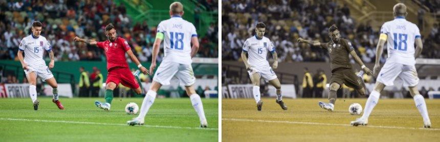 Bruno Fernandes shoots while in action for Portugal but his kit is less visible in the second image, which shows how a colour blind viewer might see the action