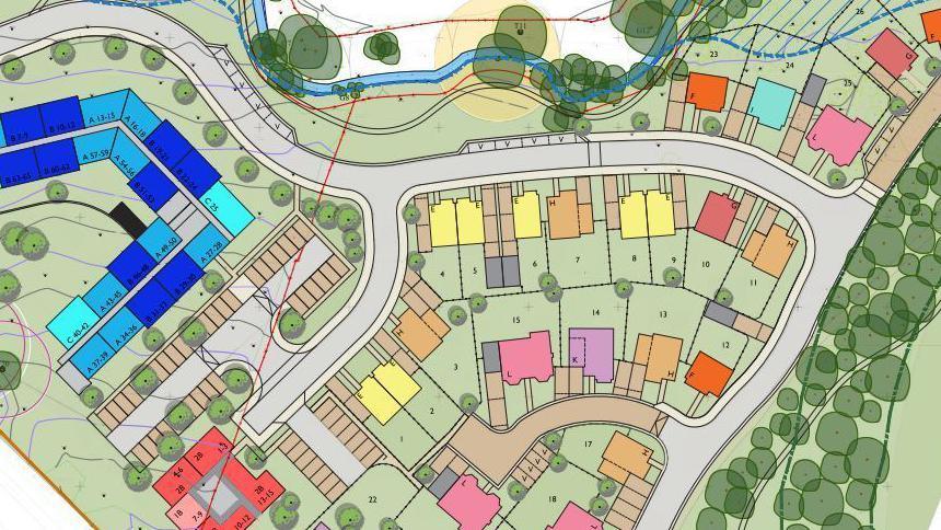 A graphic showing the preferred masterplan for the residential site. It shows, from above, the proposed layout of houses, roads and open space. 