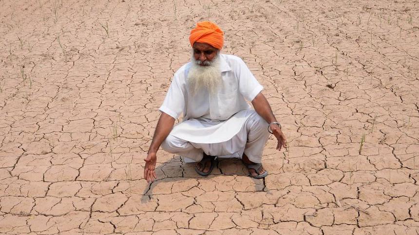 A farmer wearing an orange turban and white kurta on his parched farm in Punjab's Patiala in 2020.