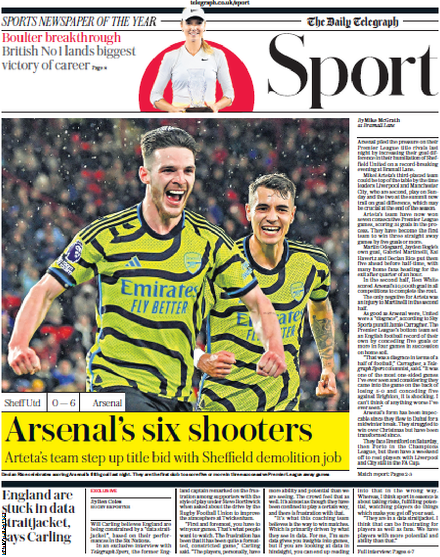 Lead sport page for the Daily Telegraph on 5 March 2024
