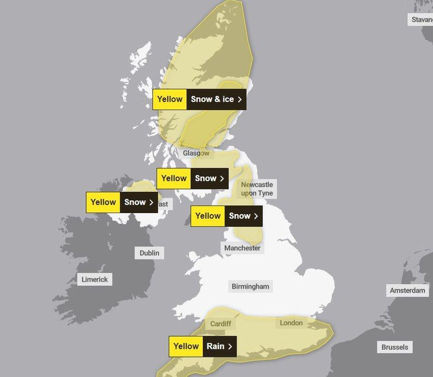 Met Office map of weather warnings for Friday 9 February