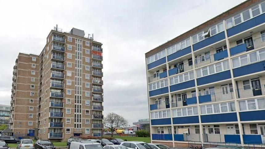 A brown high-rise block of flats in the centre of the image, with smaller white buildings to the left and a long four-storey block of flats painted white and blue to the right. There is a car park at the front. 