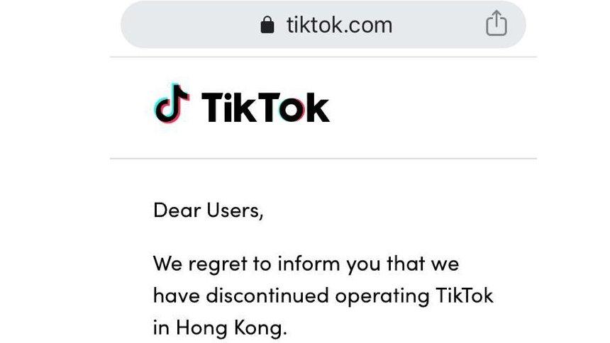 A screen-grab of a TikTok announcement on Hong Kong