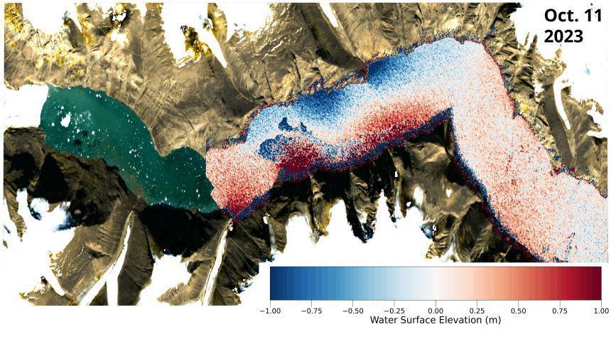 Copernicus Sentinel-2 satellite image of the Dickson Fjord in East Greenland with the observed sea-surface height measurements from the SWOT satellite of the Earth-shaking wave on 11 October 2023.