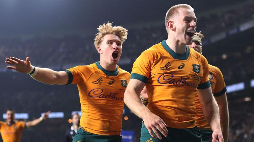 Australia wing Max Jorgenson celebrates his match-winning try against England