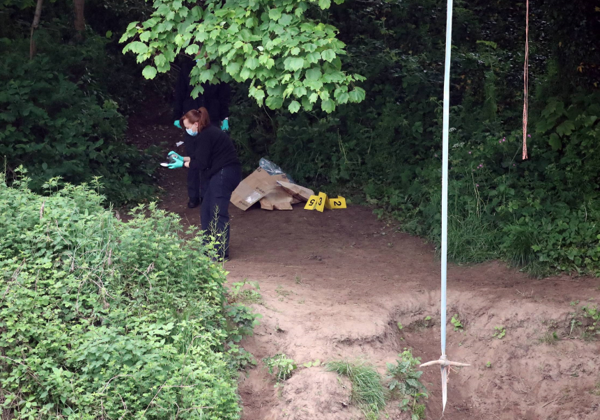 Forensics crews near a swing on Sunday morning