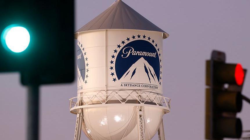 The Paramount logo is displayed on the water tower at Paramount Studios in Los Angeles, California. 