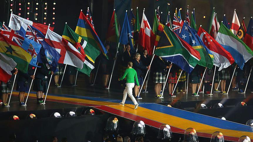 The flags of the commonwealth displayed at the Glasgow 2014 closing ceremony