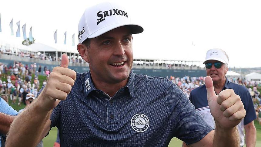 Keegan Bradley celebrates after winning the 2024 BMW Championship 