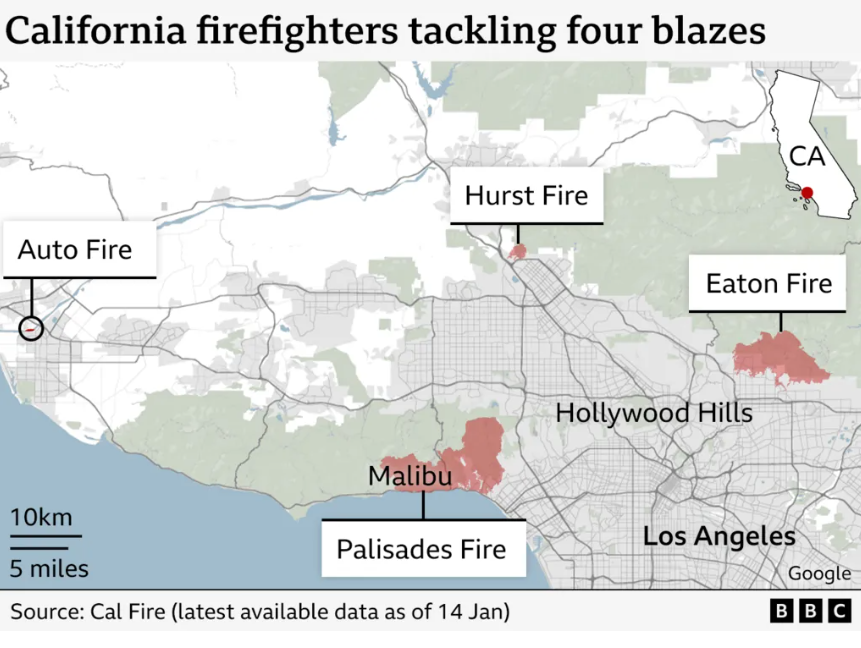 A map of California shows the location for four wildfires: Auto, Hurst, Eaton and Palisades. Nearby or affected locations including Malibu and the Hollywood Hills are included