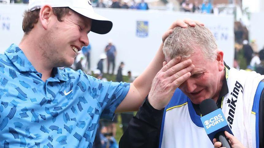 Bob MacIntyre and his dad Dougie being interviewed on the 18th green after winning the Canadian Open