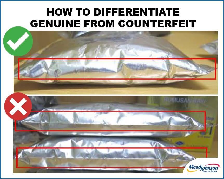 Pictures of the foil packets containing fake infant formula products made by Mead Johnson, compared to the foil packets containing genuine products