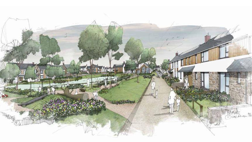 An artist's impression of the central open space area for the proposed development at Brynsworthy. In a cartoon style a large woodland area is seen with houses around the development.
