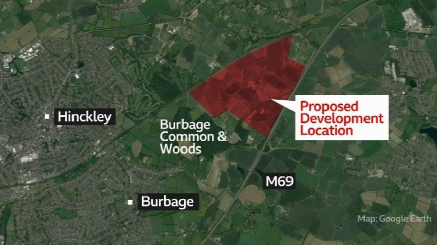 A satellite map showing Hinckley, Burbage and the proposed development area to the west of them, marked in red. 