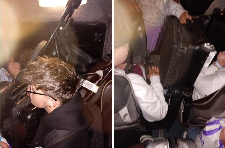 A composite image of a group of people squashed into a car with luggage on their laps. 