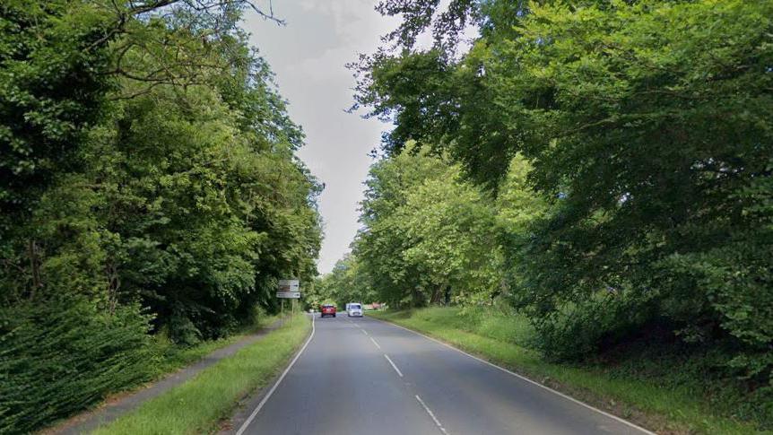 A long stretch of road with a red car travelling away on one side in the distance and on the other side of the road a white car is travelling towards the camera. On both sides of the road are trees and grass verges.