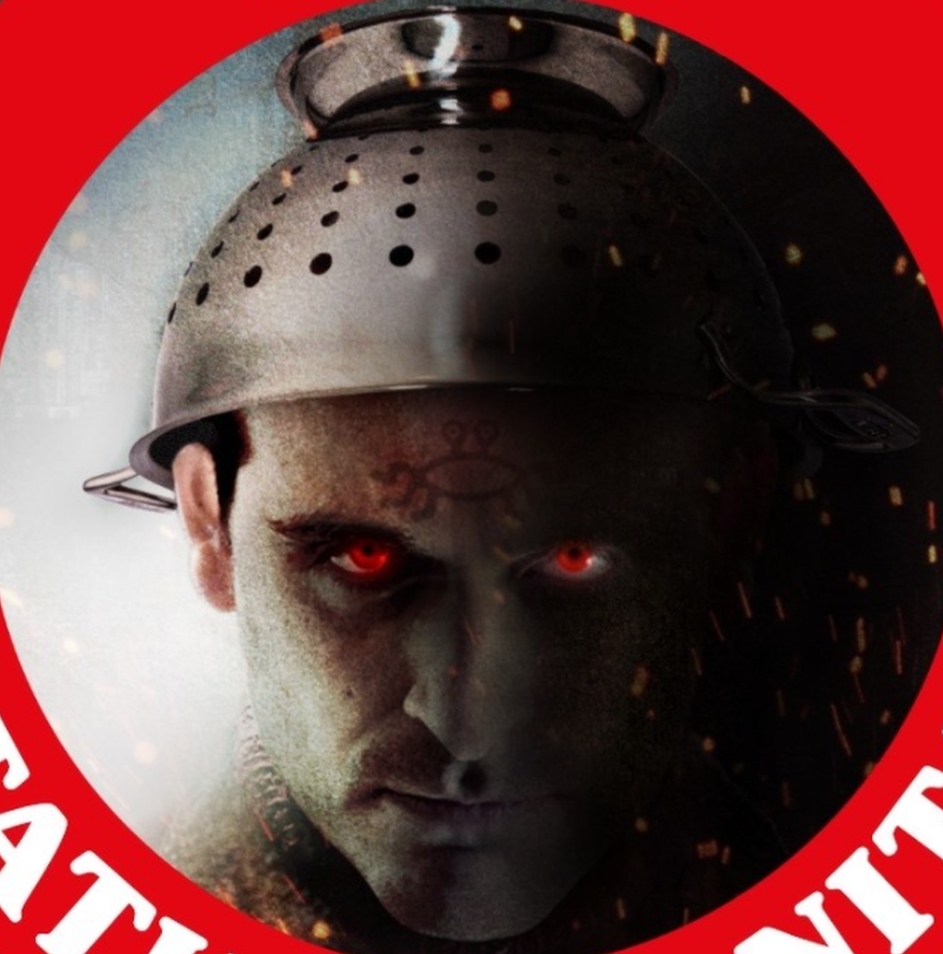 Gilles' Facebook profile picture shows him wearing a metal colander as a hat.