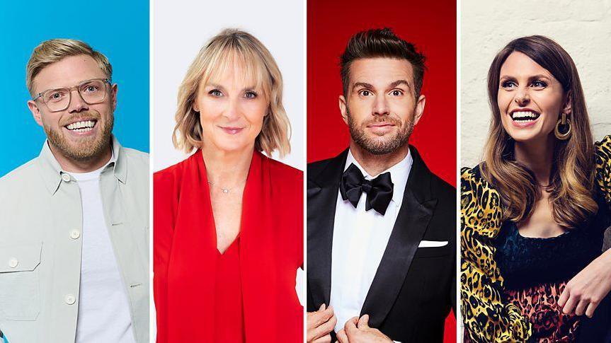 Rob Beckett, Louise Michin, Joel Dommett and Ellie Taylor