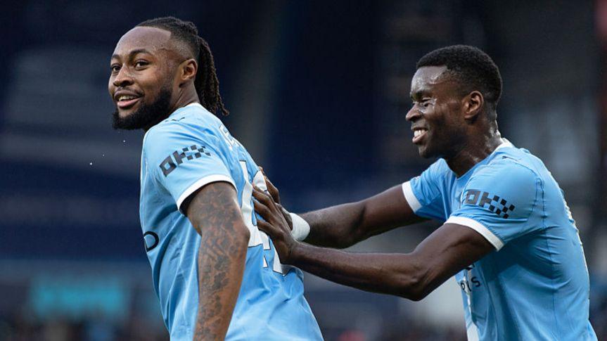 Marc Guehi celebrates with Antoine Semenyo after Semenyo scored against Wolverhampton Wanders last month