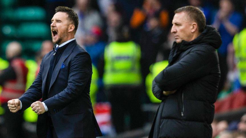 Barry Ferguson and Brendan Rodgers look on during Rangers' 3-2 derby victory at Celtic Park in March