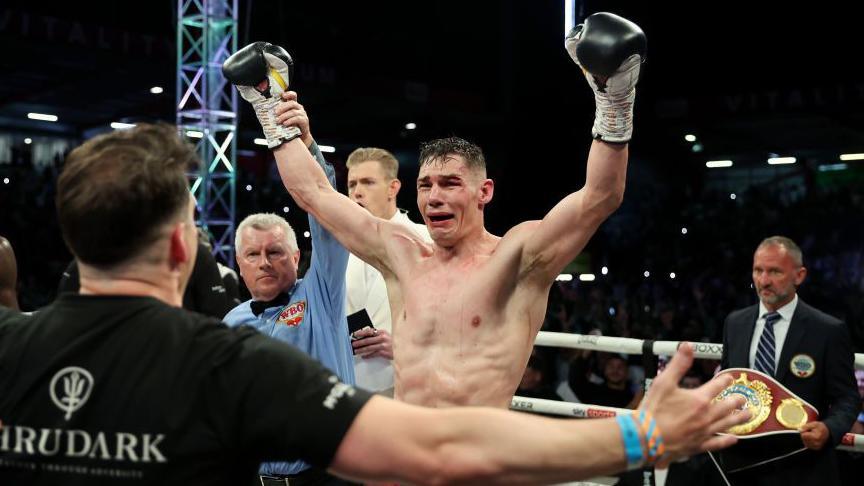 Chris Billam-Smith celebrates victory following his WBO World Cruiserweight championship fight against Lawrence Okolie at Vitality Stadium