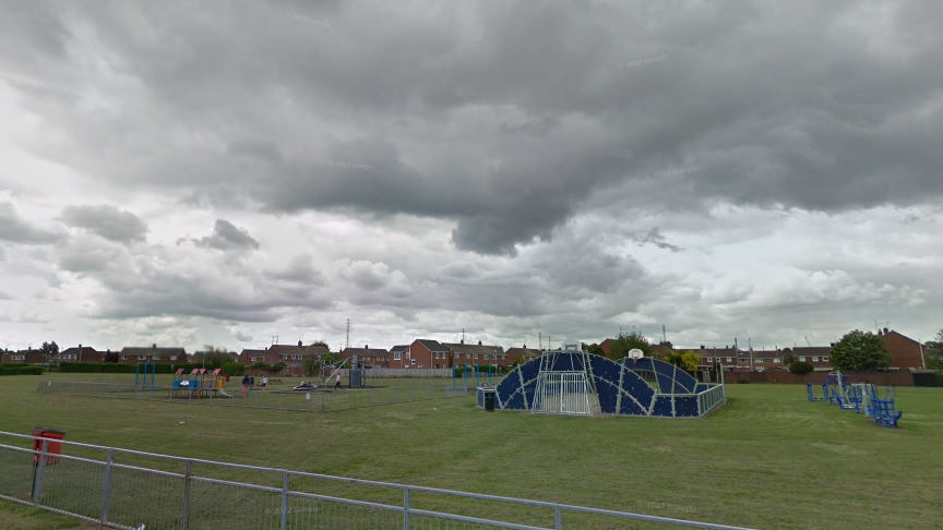 View of blue and grey-coloured play equipment at the park, with grass and metal railing in the foreground