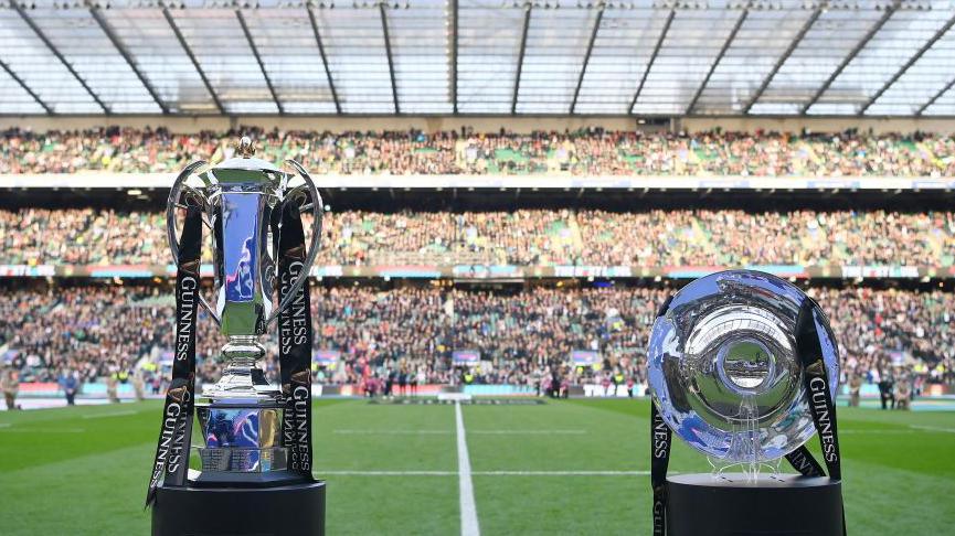 Six Nations trophy and the Triple Crown on display.